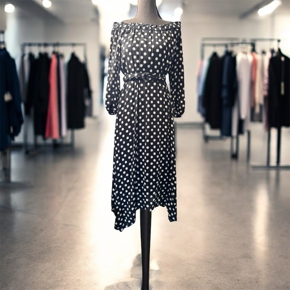 Anthropologie Maeve Black and White Dotted of the Shoulder Dress, Size 4 - Picture 6 of 14